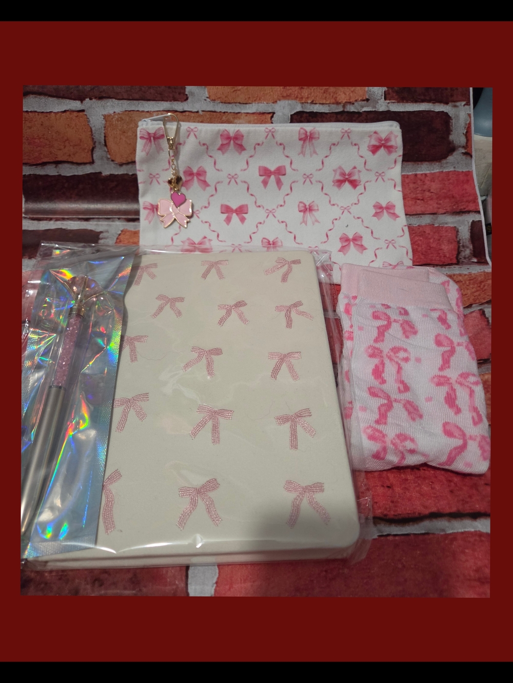 707-Pink Bow Sock & Accessory Set with Bow-Print Pouch